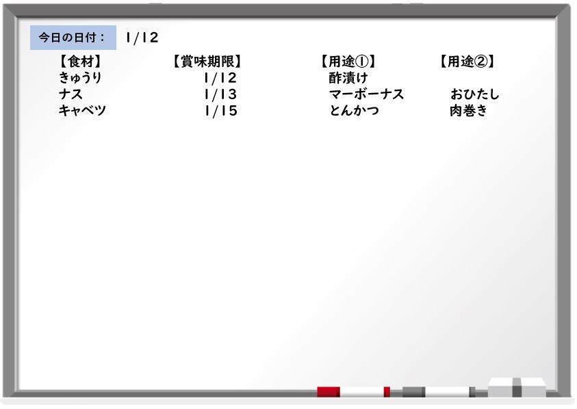 食材を管理するホワイトボード